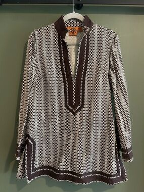Tory Burch Brown & White Geometric Tunic